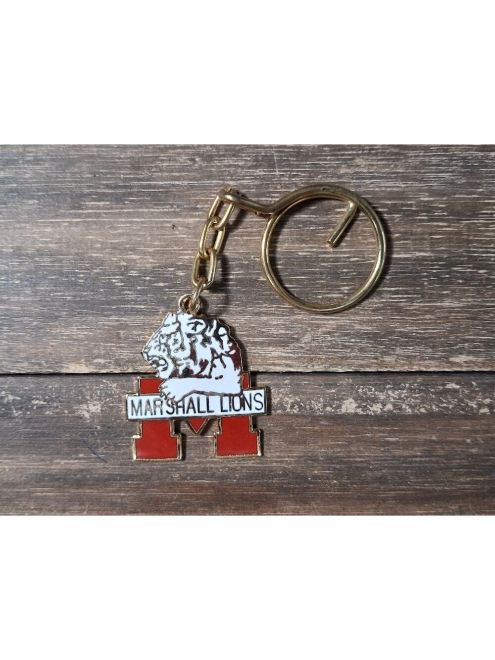 Vintage Highschool Keychain M Marshall Lions Metal Enamel Mascot Gold Tone